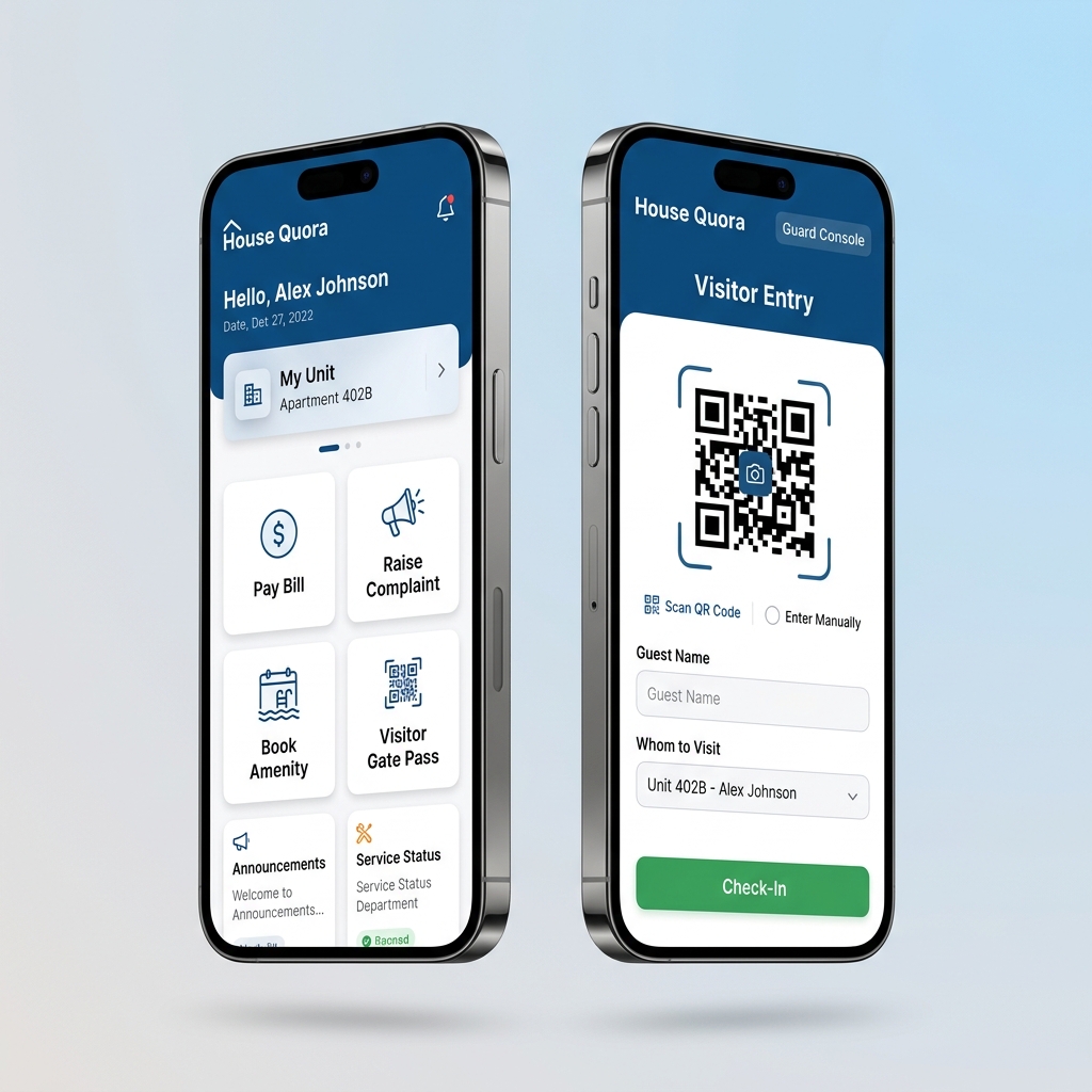 House Quora mobile app mockups showing resident and security guard interfaces